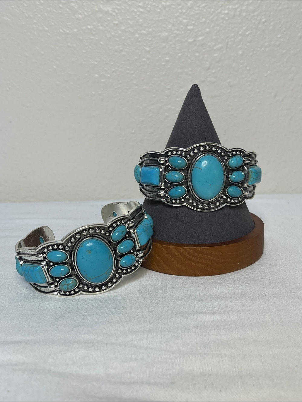 Source Unknown Set Turquoise Stone Silver Cuff Bracelet - Turquoise Blue